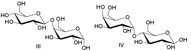  Which one of the following is a correct structure for  \beta -lactose?     A)  I B)  II C)  III D)  IV E)  none of these 