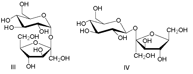 Which one of the following is a correct structure for sucrose?     A)  I B)  II C)  III D)  IV E)  none of these