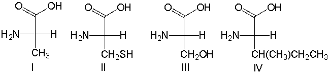 Which of the following naturally occurring amino acids does not have the S configuration?   A)  I B)  II C)  III D)  IV E)  none of these