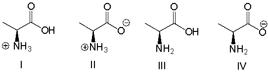 Which of the following is a zwitterion for alanine?   A)  I B)  II C)  III D)  IV E)  both I and IV