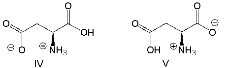 <strong>Which of the following is the predominant form of aspartic acid at pH 1? </strong> A) I B) II C) III D) IV E) V