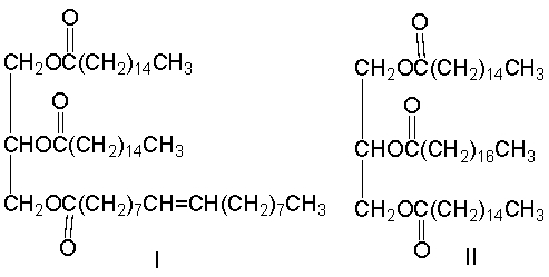 An optically inactive triglyceride produced two palmitic acid residues and one oleic acid residue, when heated in the presence of an acid. Provide the structure(s)  for this triglyceride.     A)  I B)  II C)  III D)  IV E)  B and C