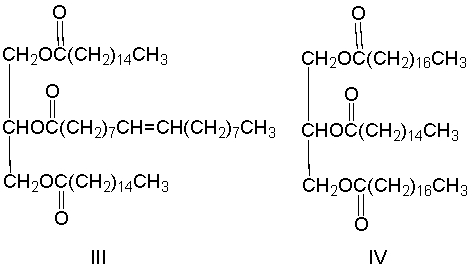 An optically inactive triglyceride produced two palmitic acid residues and one oleic acid residue, when heated in the presence of an acid. Provide the structure(s)  for this triglyceride.     A)  I B)  II C)  III D)  IV E)  B and C