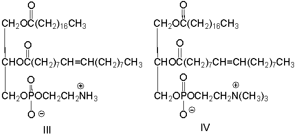 Which of the following is the structure of a cephalin that would produce one equivalent of oleic acid and one equivalent of stearic acid residues on hydrolysis?     A)  I B)  II C)  III D)  I and III E)  II and IV