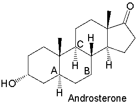 In androsterone the A-B ring fusion is ______and the B-C ring fusion is ______.   A)  cis, trans B)  cis, cis C)  trans, cis D)  trans, trans E)  both cis and trans, both cis and trans
