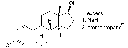 Predict the product when estradiol is treated with excess NaH followed by excess bromopropane.  