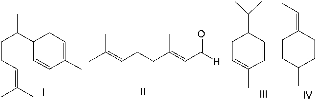 Which one of the following compounds is classified as a sesquiterpene?   A)  I B)  II C)  III D)  IV E)  all of these