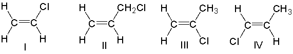Which one of the following monomers will produce poly(vinyl chloride) ?   A)  I B)  II C)  III D)  IV E)  none of these