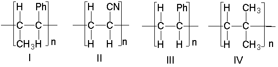 Which one of the following is the correct structure for polystyrene?   A)  I B)  II C)  III D)  IV E)  none of these