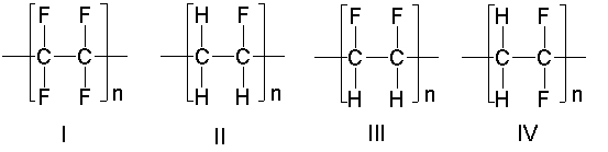 Which one of the following is the correct structure for poly(vinylidene fluoride) ?   A)  I B)  II C)  III D)  IV E)  none of these