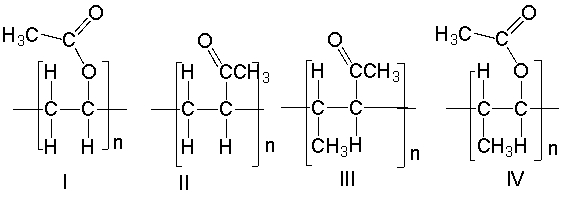 Which one of the following is the correct structure for poly(vinyl acetate) ?   A)  I B)  II C)  III D)  IV E)  none of these