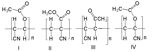  Which one of the following is the correct structure for poly(methyl  \alpha -cyanoacrylate?   A)  I B)  II C)  III D)  IV E)  none of these 