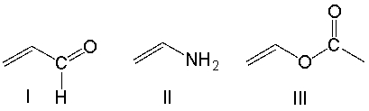Arrange the following monomers in decreasing order of reactivity towards cationic polymerization?   A)  I > III > II B)  II > I > III C)  III > II > I D)  II > III > I E)  III > I > II