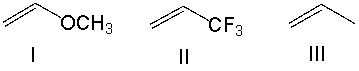 Arrange the following monomers in decreasing order of reactivity towards anionic polymerization?   A)  I > III > II B)  II > III > I C)  III > II > I D)  II > I > III E)  III > I > II