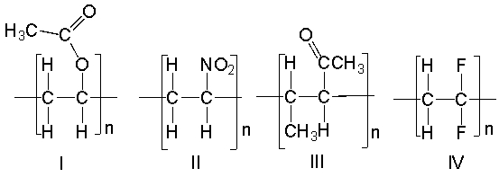 Which of the following polymers would be best prepared using cationic polymerization?   A)  I B)  II C)  III D)  IV E)  none of these