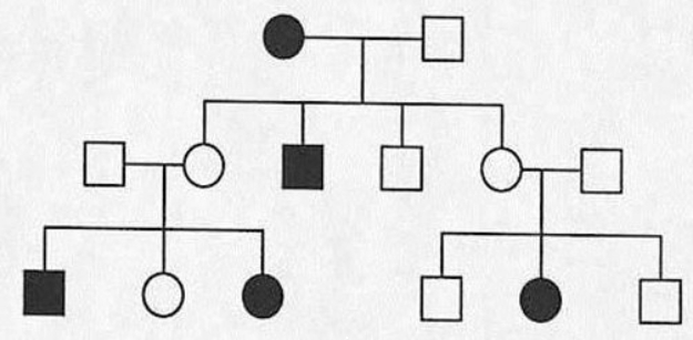 Below is a pedigree of a fairly common human hereditary trait in which the boxes represent males and the circles represent females. Shading symbolizes the abnormal phenotype. Given that one gene pair is involved: a() Is the inheritance pattern X -linked or autosomal, recessive, or dominant? b() Give the genotype of each individual in the pedigree. If more than one genotypic possibility exists, present all possible alternatives.   