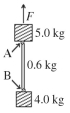 A 5.0-kg block and a 4.0-kg block are connected by a 0.6 kg rod, as shown in the figure. The links between the blocks and the rod are denoted by A and B. A vertical upward force of magnitude F of magnitude 150 N is applied to the upper block. What magnitude force does each of the links A and B exert?  
