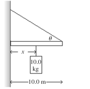  As shown in the figure, a 10.0 m long bar is attached by a frictionless hinge to a wall and held horizontal by a light rope that makes an angle θ = 49° with the bar. The bar is uniform and weighs  66.5 \mathrm {~N}  What distance x from the hinge should a 10.0 kg mass be suspended for the tension in the rope to be 177 N?   