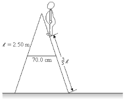 A stepladder consists of two halves that are hinged at the top and connected by a tie rod which keeps the two halves from spreading apart. In this particular instance, the two halves are 2.5 m long, the tie rod is connected to the center of each half and is 70 cm long. An 800-N person stands 3/5 of the way up the stepladder, as shown in the figure. The ladder is light enough that we can neglect its weight, and it rests on an extremely smooth floor. What is the tension in the tie rod? (Note: To solve this problem, it is helpful to imagine cutting the ladder in half vertically and consider the forces and torques acting on each half of the ladder.)    A)  140 N B)  240 N C)  280 N D)  360 N E)  560 N