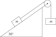 The figure shows two crates, each of mass m = 24 kg, that are connected by a very light wire. The coefficient of kinetic friction between the crate on the inclined surface and the surface itself is 0.31. Find the speed of the crates after they have moved 1.6 m starting from rest.  