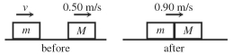  A block of mass m = 9.0 kg and speed V and is behind a block of mass M = 27 kg and speed of  0.50 \mathrm {~m} / \mathrm { s }  as shown int the figure. The surface is frictionless, and the blocks suddenly collide and couple. After the collision, the blocks have a common speed of 0.90 m/s. How much kinetic energy of the blocks is lost due to the collision?   A)  8.6 J B)  2.0 J C)  4.6 J D)  11 J E)  31 J 