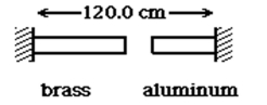 A brass rod is 69.5 cm long and an aluminum rod is 49.3 cm long when both rods are at an initial temperature of 0° C. The rods are placed in line with a gap of 1.2 cm between them, as shown in the figure. The distance between the far ends of the rods is maintained at 120.0 cm throughout. The temperature of both rods is raised equally until they are barely in contact. At what temperature does contact occur? The coefficients of linear expansion of brass and aluminum are 2.0 ×10<sup>-5</sup> K<sup>-1</sup> (brass)  and 2.4 × 10<sup>-5</sup> K<sup>-1</sup> (aluminum) .   A)  470°C B)  440°C C)  420°C D)  490°C E)  510°C