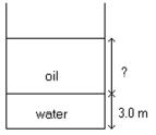  As shown in the figure, a large open tank contains a layer of oil ( density 450 kg/  m ^ { 3 }  ) floating on top of a layer of water (density 1000 kg/m<sup>3</sup>) that is 3.0 m thick, as shown in the sketch. What must be the thickness of the oil layer if the gauge pressure at the bottom of the tank is to be  8.5 \times 10^4 \mathrm {~Pa} ?    