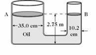 A container consists of two vertical cylindrical columns of different diameter connected by a narrow horizontal section, as shown in the figure. The open faces of the two columns are closed by very light plates that can move up and down without friction. The tube diameter at A is 35.0 cm and at B it is 10.2 cm. This container is filled with oil of density 0.820 g/cm<sup>3</sup>. If a 125-kg object is placed on the larger plate at A, how much mass should be placed on the smaller plate at B to balance it?  