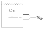 Water flows out of a large reservoir through 5.0-cm diameter pipe. The pipe connects to a 3.0-cm diameter pipe that is open to the atmosphere, as shown in the figure. What is the speed of the water in the 5.0-cm pipe? Treat the water as an ideal incompressible fluid.   A)  2.3 m/s B)  3.2 m/s C)  3.9 m/s D)  8.9 m/s E)  10 m/s