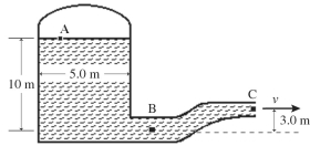  A pressurized cylindrical tank, 5.0 m in diameter, contains water that emerges from the pipe at point C with a speed of  13 \mathrm {~m} / \mathrm { s }  as shown in the figure. Point A is 10 m above point B and point C is 3.0 m above point B. The area of the pipe at point B is  0.080 \mathrm {~m} ^ { 2 }  and the pipe narrows to an area of  0.040 \mathrm {~m} ^ { 2 }  at point C. Assume that the water is an ideal fluid in laminar flow. The density of water is 1000 kg/m<sup>3</sup> The mass flow rate in the pipe is closest to   A)  520 Kg/s. B)  470 Kg/s. C)  420 Kg/s. D)  360 Kg/s. E)  310 Kg/s. 