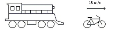  As shown in the figure, a man is traveling on a bicycle along a straight road that runs parallel to and right next to some railroad tracks. While moving at 10 m/s, he hears the whistle of a train that is behind him, as shown in the figure. The frequency emitted by the train's whistle is 820  {~Hz} \text {, }  but the frequency the man hears is 774  {~Hz}  The speed of sound is 340 m/s. (a) What frequency is heard by a stationary observer located between the train and the bicycle? (b) What is the speed of the train, and is the train traveling away from or toward the bicycle?   