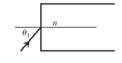  During the investigation of a new type of optical fiber having an index of refraction  n = 1.21 )   a laser beam is aimed at the flat end of a straight fiber, as shown in the figure. What is the maximum angle of incidence θ<sub>1</sub> if the beam is not to escape from the sides of the fiber if it is surrounded by air?   A)  42.9° B)  39.8° C)  36.7° D)  33.6° E)  30.5° 