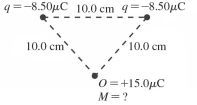  Two point charges q = -8.50 µC are fixed 10.0 cm apart along a horizontal bar, as shown in the figure. Their electrical forces will be used to balance the weight of a very small sphere carrying a charge  Q = + 15.0 \mu \mathrm { C }  10.0 cm from each of them in a place where g = 9.80 m/s2. What is the greatest mass M this sphere can have without falling? (k = 1/4πε<sub>0</sub> = 8.99 × 10<sup>9</sup> N ∙ m<sup>2</sup>/C<sup>2</sup>)   