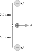 The figure shows an arrangement of two particles each having charge Q = -6.8 nC and each separated by 5.0 mm from a proton.If the two particles are held fixed at their locations and the proton is set into motion as shown, what is the minimum speed the proton needs to totally escape from these particles? (m<sub>proton</sub> = 1.67 × 10<sup>-27</sup> kg, e = 1.60 × 10<sup>-19</sup> C, k = 1/4πε<sub>0</sub> = 9.0 × 10<sup>9</sup> N ∙ m<sup>2</sup>/C<sup>2</sup>)    A)  2.2 × 10<sup>6</sup> m/s B)  4.3 × 10<sup>6</sup> m/s C)  8.3 × 10<sup>6</sup> m/s D)  1.7 × 10<sup>7</sup> m/s