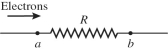 The figure shows electrons passing through a resistor. The arrow shows the direction in which the electrons are moving. Which of the following statements are correct? (There could be more than one correct choice.)    A)  The electrons are moving slower at point b than at point a. B)  The electric potential is higher at point b than at point a. C)  The electric potential is lower at point b than at point a. D)  The electrons are losing electric potential energy as they move through the resistor from a to b. E)  The speed of the electrons at point b is the same as it is at point a.