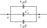 A 5-µF, a 7-µF, and an unknown capacitor C<sub>X</sub> are connected in parallel between points a and b as shown in the figure. What do you know about the equivalent capacitance C<sub>ab</sub> between a and b? (There could be more than one correct choice.)    A)  C<sub>ab</sub> > 12 µF B)  C<sub>ab</sub> > C<sub>X</sub> C)  5 µF < C<sub>ab</sub> < 12 µF D)  C<sub>ab</sub> < 5 µF E)  C<sub>ab</sub> < C<sub>X</sub>