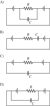 Draw a circuit with two batteries, a resistor between them, and a capacitor in parallel with the resistor. The batteries are connected negative pole to positive pole.
