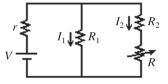 In the circuit shown in the figure, the resistor R has a variable resistance. As R is decreased, what happens to the currents?   A)  I<sub>1</sub> remains unchanged and I<sub>2</sub> increases. B)  I<sub>1</sub> decreases and I<sub>2</sub> decreases. C)  I<sub>1</sub> decreases and I<sub>2</sub> increases. D)  I<sub>1</sub> increases and I<sub>2</sub> decreases. E)  I<sub>1</sub> increases and I<sub>2</sub> increases.