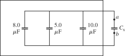 A network of capacitors is mostly inside a sealed box, but one capacitor C<sub>X</sub> is sticking out, as shown in the figure. When you connect a multimeter across points a and b, it reads 27.0 µF. What is C<sub>X</sub>?   A)  27.0 µF B)  23.0 µF C)  4.0 µF D)  2.4 µF E)  2.2 µF