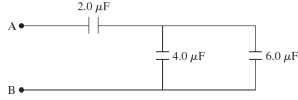 Three capacitors are connected as shown in the figure. What is the equivalent capacitance between points A and B?   A)  12 μF B)  4.0 μC C)  7.1 μF D)  1.7 μF E)  8.0 μF