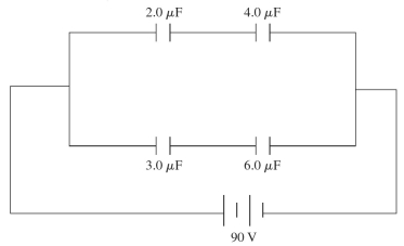 A system of four capacitors is connected across a 90-V voltage source as shown in the figure. What is the equivalent capacitance of this system?   A)  1.5 μF B)  15 μF C)  3.6 μF D)  3.3 μF