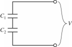 Two capacitors are connected as shown in the figure, with C<sub>1</sub> = 4.0 µF and C<sub>2</sub> = 7.0 µF. If a voltage source V = 90 V is applied across the combination, find the potential difference across C<sub>1</sub>.   A)  57 V B)  36 V C)  60 V D)  9.0 V
