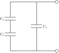  Three capacitors of equal capacitance are arranged as shown in the figure, with a voltage source across the combination. If the voltage drop across C<sub>1</sub> is  10.0 \mathrm {~V} \text {, }  what is the voltage drop across  C _ { 3 } ?    A)  20 V B)  10.0 V C)  40 V D)  30 V 