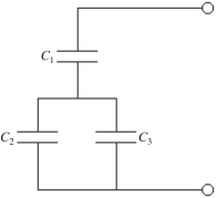  Three capacitors are arranged as shown in the figure, with a voltage source connected across the combination. C<sub>1</sub> has a capacitance of  9.0 \mathrm { pF }   C _ { 2 }  has a capacitance of  18.0 \mathrm { pF } \text {, }  and  C _ { 3 }  has a capacitance of  27.0 \mathrm { pF }  Find the potential drop across the entire arrangement if the potential drop across C<sub>2</sub> is  257.0 \mathrm {~V}    A)  1500 V B)  1000 V C)  470 V D)  430 V 