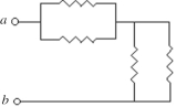  The resistors in the circuit shown in the figure each have a resistance of  700 \Omega  What is the equivalent resistance between points a and b of this combination?   A)  700 Ω B)  2800 Ω C)  175 Ω D)  1400 Ω 