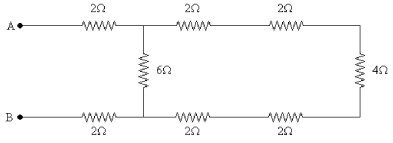A number of resistors are connected across points A and B as shown in the figure. What is the equivalent resistance between points A and B?   A)  4 Ω B)  6 Ω C)  8 Ω D)  10 Ω E)  12 Ω