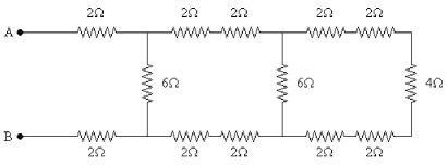 A number of resistors are connected across points A and B as shown in the figure. What is the equivalent resistance between points A and B?   A)  4 Ω B)  6 Ω C)  8 Ω D)  10 Ω E)  12 Ω
