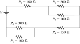 What is the equivalent resistance of the circuit shown in the figure? The battery is ideal and all resistances are accurate to 3 significant figures.   A)  950 Ω B)  450 Ω C)  392 Ω D)  257 Ω