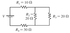 If 1.5 A flows through R<sub>2</sub>, what is the emf V of the ideal battery in the figure?   A)  150 V B)  75 V C)  60 V D)  30 V
