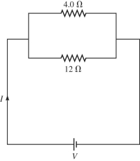 A 4.0-Ω resistor is connected with a 12-Ω resistor and this combination is connected across an ideal dc power supply with V = 6.0 V, as shown in the figure. When a total current I flows from the power supply, what is the current through the 12-Ω resistor?   A)  1.5 A B)  2.0 A C)  2.5 A D)  3.0 A E)  0.50 A